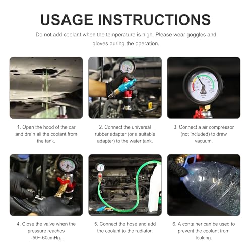 8PCS Coolant Vacuum Refill Kit, Quick Airlift Coolant Refill Tool with Pressure Gauge, 5 Sizes Adapters, Long Coolant Filling Hose for All Vehicles