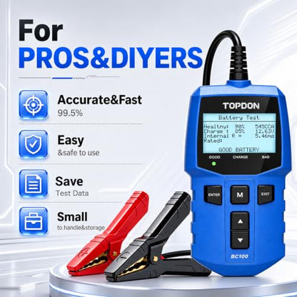 TOPDON BC100 Car Battery Tester 12V Automotive Battery Analyzer for Technicians & DIYers, 100-2000 CCA Digital Battery Load Tester, Fits Car, Truck, Motorcycle, ATV, SUV, Boat, Yacht, Golf Cart