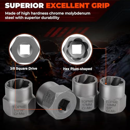 Bolt Extractor Kit,14 Piece Impact-Grade CR-MO Steel Nut Remover Set | 3/8" Drive Socket for Removing Frozen, Rusted, Rounded Bolts & Lug Nuts (Sizes 8-19mm)