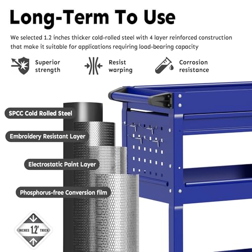 3-Tier Rolling Utility Cart, Metal Tool Cart on Wheels with Lockable-Blue | 330 lb. Load Capability Heavy Duty Tool Cart with Drawers, Mechanic Tool Cart for Garage, Warehouse, Repair Shop - color: Blue