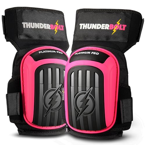 Thunderbolt Knee Pads for Men Construction Knee Pads for Work for Men and Women with Double Gel for Gardening Flooring Roofing Heavy Duty with Extra Thick Foam and Strong Adjustable Non-Slip Straps - color: HOT PINK (PLATINUM PRO)