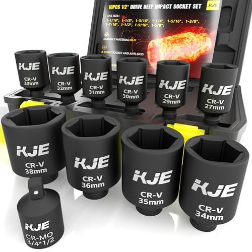 KJE 11PCS 1/2 Drive Metric Deep Impact Socket Set, Size 27,29,30,31,32,33,34,35,36,38mm, large jumbo axle nut socket set, big heavy duty socket set - size: 11PCS Metric
