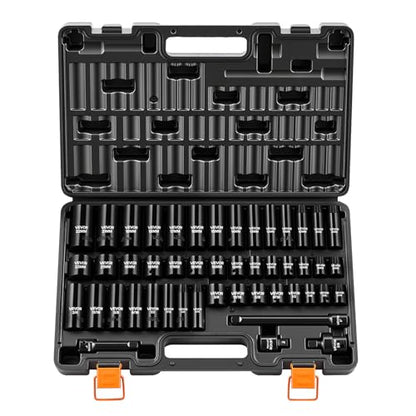 VEVOR Impact Socket Set, 3/8" Drive, 48-Piece Socket Set, 6-Point Sockets, SAE 5/16"-3/4" and Metric 8-19 mm, 21-22 mm, Easy to Identify, Cr-V Alloy Steel, Extension Bar, Adapter and Storage Cage - size: 3/8" 48 PCS