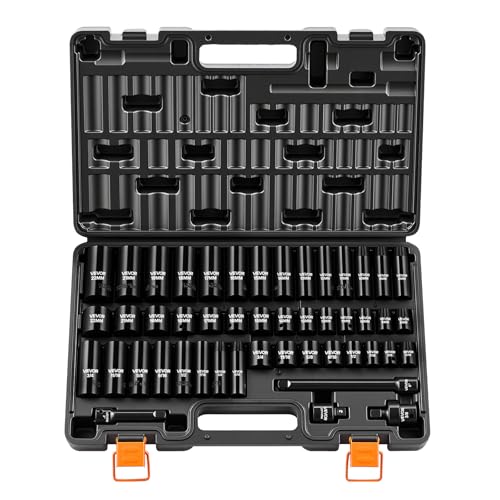 VEVOR Impact Socket Set, 3/8" Drive, 48-Piece Socket Set, 6-Point Sockets, SAE 5/16"-3/4" and Metric 8-19 mm, 21-22 mm, Easy to Identify, Cr-V Alloy Steel, Extension Bar, Adapter and Storage Cage - size: 3/8" 48 PCS