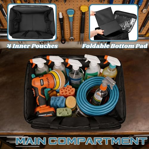 Large Car Detailing Organizer with Hard Pad Support, Car Detailing Bag with Multiple Pockets, Cleaning Bags for Housekeepers, Cleaning Supply Bag, Black