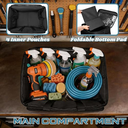 Large Car Detailing Organizer with Hard Pad Support, Car Detailing Bag with Multiple Pockets, Cleaning Bags for Housekeepers, Cleaning Supply Bag, Black