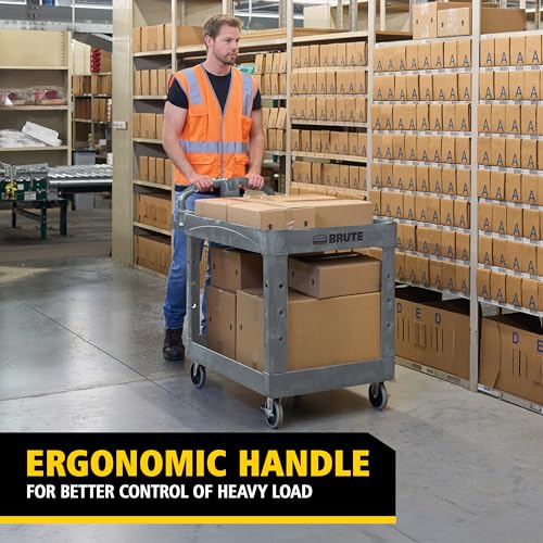 Rubbermaid Commercial Products BRUTE Heavy Duty 2-Shelf Utility/Service Cart, Large, Lipped Shelves, Ergonomic Handle, 750 lbs. Capacity, Black, for Warehouse/Garage/Cleaning/Maintenance/Stadiums - color: Gray, size: Large, style: 2-Shelf