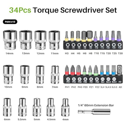 35Pcs Torque Screwdriver, 10-80In-lb for Maintenance, Gunsmithing | 1/4" Drive Torque Wrench Set, Inch Pound Torque Screwdriver with S2 Bits, Extension Bar for DIY, Bike Repairing, Gunsmith - size: 35Pcs