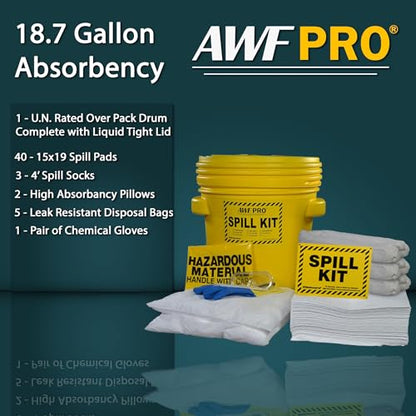 AWF PRO 20 Gallon Oil Only Spill Kit, 59 Pieces | Includes DOT Approved 20 Gallon Drum, Sorbent Socks, Pads, & Pillows, & Accessories - size: Oil Only Spill Kit