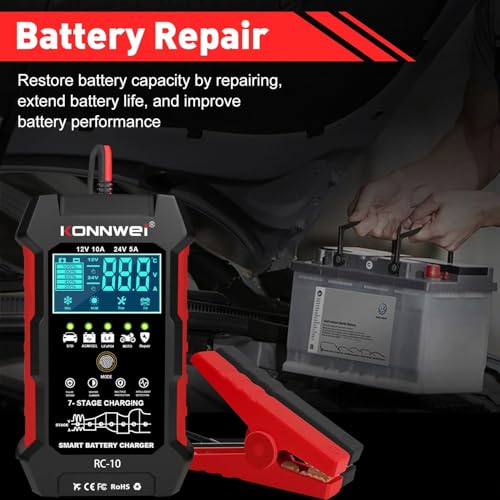 KONNWEI RC-10 Car Battery Tester 12V/24V – 7-Stage Automatic Charger and Pulse Repair Tool, Fast Charging, Trickle Mode, Overheat & Reverse Protection,Fast Charging for Car,Truck,Motorcycle,Marine