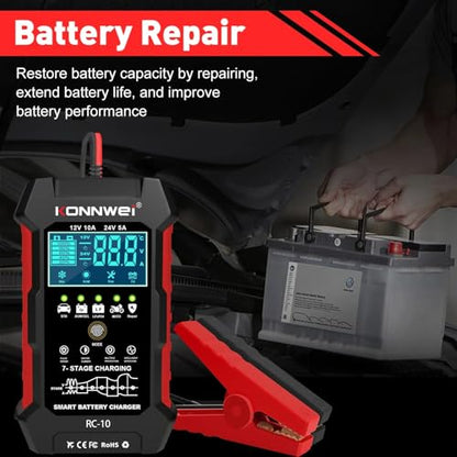 KONNWEI RC-10 Car Battery Tester 12V/24V – 7-Stage Automatic Charger and Pulse Repair Tool, Fast Charging, Trickle Mode, Overheat & Reverse Protection,Fast Charging for Car,Truck,Motorcycle,Marine