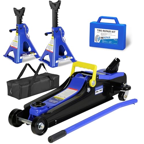 2 Ton Floor Jack with 3T Jack Stands Tire Repair Kit for Garages, Automotive,Repair Shops and DIY, Portable, 4,000 lbs. Capacity, Lifting Range 3.3" - 15.2", Heavy Duty Steel, Blue - color: Floor Jack+Jack Stands + Tire Repair Kit, size: 2 Ton