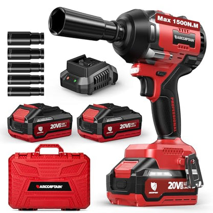 ARCCAPTAIN Cordless Impact Wrench, 1500N.m (1106Ft-lbs) 1/2" High Torque Impact Gun, 15C High-Rate 2x4.0Ah Batteries, 20V Power Impact Driver, Supports Up to 40mm Socket for Heavy Truck/Car/Pickup