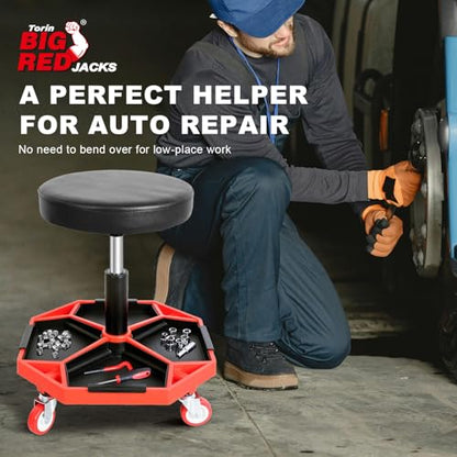 Torin ATRXF8308B Pneumatic Mechanic Stool/Rolling Shop Creeper Seat with Adjustable Height and 4 Removable Tool Trays, 300 lb Capacity, Black/Red
