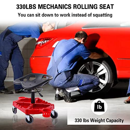 Shop Stool, 330 LBS Rolling Garage Stool, 19.6” to 25” Adjustable Height Mobile Rolling Gear Seat, Organized Tool Tray Garage Pneumatic Stool Mechanic Seat, 4" Casters with Two Brakes (B-9017)