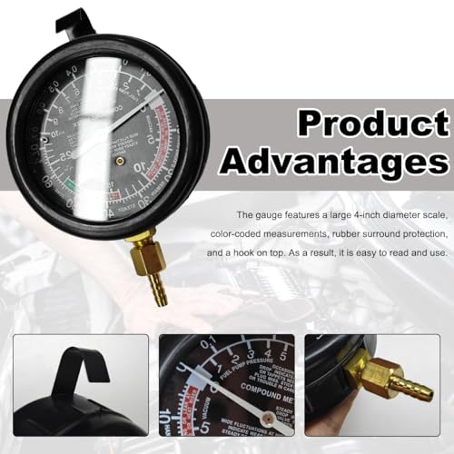 DXNQ Fuel Pump and Vacuum Tester Gauge, Gasoline Pressure Meters Fuel Pressure Tester Kit, Automotive Engine Fuel System Testing Tool Carburetor Leakage Diagnosis, Car Accessories