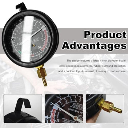 DXNQ Fuel Pump and Vacuum Tester Gauge, Gasoline Pressure Meters Fuel Pressure Tester Kit, Automotive Engine Fuel System Testing Tool Carburetor Leakage Diagnosis, Car Accessories