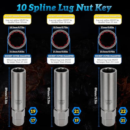 10 Spline Lug Nut Socket Compatible with Bimecc 10 Point Socket | Dual Drive 10 Spline Lug Nut Key,Replacement for Ta20 17/19,TA20-19/21 TA23-21/22 Wheel Lock Nuts - color: 3 Pipces