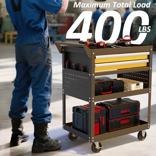 5-Tier Heavy Duty Tool Cart, 400 lbs Capacity Steel Rolling Cart with 2 Lockable Drawers and Pegboard for Garage Workshop Mechanic - size: 5-LAYER (TWO DRAWERS)