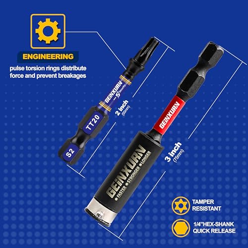 Geinxurn 2 In. Security T20 Impact Magnetic Screwdriver Bit Set, 51 Pieces #20 Torx Head Power Bit Set, S2 Alloy Steel Hollow Star Bit Set with 1 Pcs Impact Bit Holder - size: 2"-51PCS, style: TT20