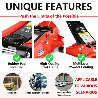 Floor Jack 3 Ton, Low Profile Floor Jack, Heavy Duty Steel Racing Jacks with Single Piston Quick Lift Pump, Hydraulic Car Jacks Lifting Range 3.3"-18.5" (3 Ton) - size: 3 Ton