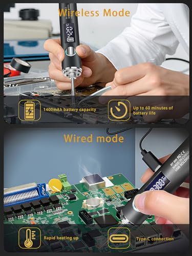 Cordless Soldering Iron Kit Micro Portable Soldering Kit Rechargeable USB-C Electric Soldering Pen Fast Heating Auto Sleep/Off Soldering Gun Kit for Electronics Repair Jewelry DIY