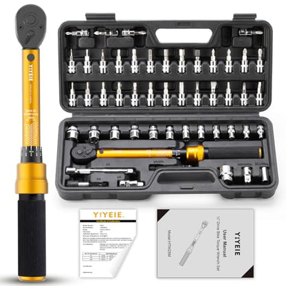 YIYEIE 50Pcs Master Bike Torque Wrench Set, 1/4 Inch Drive, 10-230 IN.LB (1-26.0 Nm), Inch Pound Click Torque Wrench with Bit Sockets, 0.1 Nm Micro, 3/8 Adapter, Pro Bicycle Tool Kit for MTB - size: 1/4″ 50PCS
