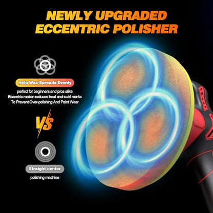 Cordless Car Buffer Polisher kit [8-Speed 6000 RPM, Dual Action (DA) Random Orbital, 2x 21V 2000mAh Batteries & LED Display & 16 PCS Attachments] Easy to use for Scratch Removal, Polishing & Waxing