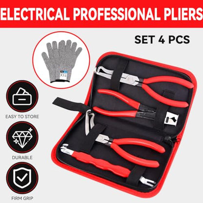 Automotive Electrical Disconnect Pliers Set with Storage Box, 4-Piece Connector Separator & Terminal Removal Tool for Mass Air Flow Sensors, Fuel Injectors, Straight & 60° Jaw