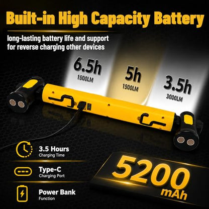 Under Hood Work Light, 3000lm Rechargeable Magnetic LED Light Bar with 360° Rotation & Hooks for Car Repairing, Garage, Mechanic, Camping & Emergency