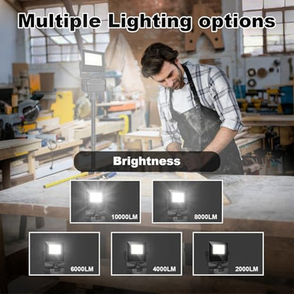 10000mAh Rechargeable Work Light with Stand 5 ft Max Height, Cordless Work Light Dimmable 10000 Lumens Tripod Work Light Construction Essentials Gear Emergency floodlight with Detachable Tripod