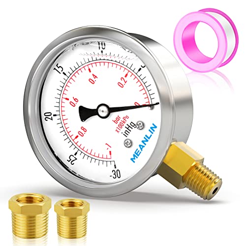 MEANLIN MEASURE -30inHG~0Psi Stainless Steel 1/8" NPT 2.5" FACE DIAL Vacuum Pressure Gauge, Lower Mount, with 1/4" NPT and 3/8" NPT Hex Bushing - size: -30inHG-0Psi