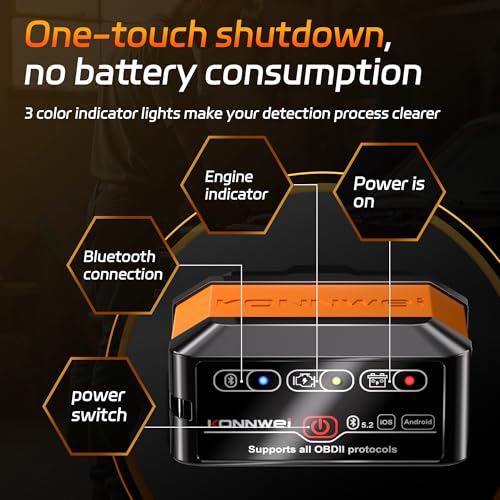 KONNWEI OBD2 Bluetooth Scanner Engine Code Reader w/Power ON/Off Button | Wireless Car Scanner w/Battery voltage Test Live Data Stream Freeze Frame I/M Readiness for iOS & Android
