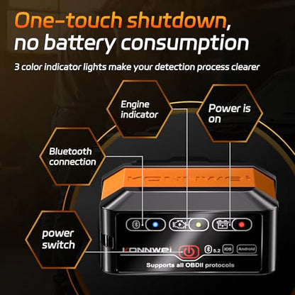 KONNWEI OBD2 Bluetooth Scanner Engine Code Reader w/Power ON/Off Button | Wireless Car Scanner w/Battery voltage Test Live Data Stream Freeze Frame I/M Readiness for iOS & Android