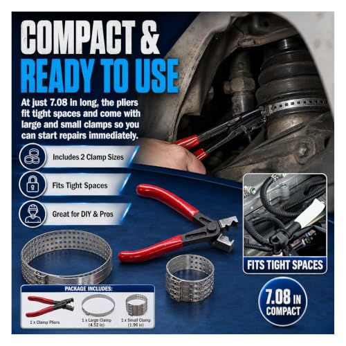 9PCS Hose Clamp Pliers with CV Boot Clamp Kit, Stainless Steel Adjustable Small & Large Crimp Bands, Universal Drive Shaft CV Boot Repair Installation Tool for Most Cars (Red)