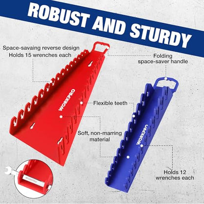 WORKPRO 4-Pack Magnetic Wrench Organizer,15-Slot and 12-Slot Gripper Holder | for Tool Boxes, Flexible Gripping Teeth and Carrying Handle, Fit for SAE and Metric, Blue, Red - style: Gripper Wrench Organizer(4PC)