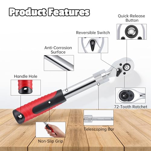 3-Piece Extendable Ratchet Wrench Set, 1/4", 3/8", 1/2" Drive, 72-Tooth Quick-Release Reversible Socket Wrench, Chrome-Plated & Polished, Heavy-Duty Mechanics Tool Set with Storage Tray