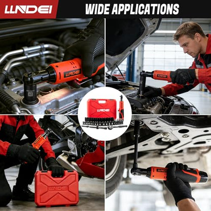 LLNDEI Cordless Electric Ratchet Wrench Set with Socket Set, 3/8" Ratchet, 40FT-LBS with Adjustable Speed, 52PCS