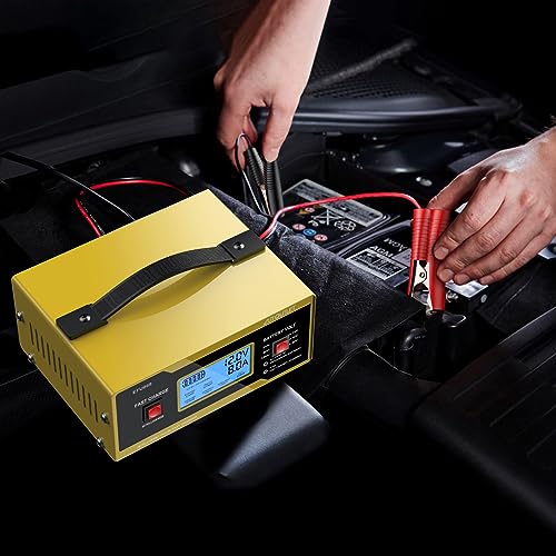 AUTOUTLET Upgraded 6/8/12/14/16/24V Battery Charger Automotive Smart Car Battery Charger and Trickle Maintainer 0-14A Fully Automatic with Cable Clamps for Lead-Acid Batteries(NOT Lithium Battery) - color: Yellow