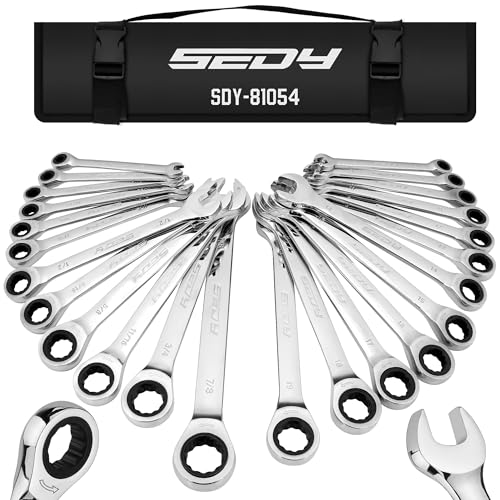 Premium 24-Piece Ratcheting Wrench Set, SAE & Metric Combination Wrenches, 8-19mm / 1/4"-7/8", 72-Tooth Ratchet Spanners, Chrome Vanadium Steel with Roll-Up Pouch for Mechanics