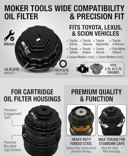 Moker Upgraded for Toyota Oil Filter Wrench, 64mm 14 Flute Aluminum Tool for Easy Oil Filter Removal, Compatible with Toyota, Lexus, and Scion Vehicles Equipped with 2.5L to 5.7L engines