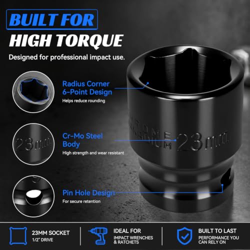 2PCS 23mm Impact Socket 1/2" Drive, 6 Point Metric Shallow Socket, CR-V Steel Heavy Duty Impact Wrench Socket for Automotive Repair - size: 23mm