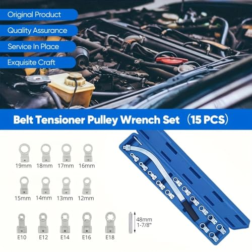 15PCS Serpentine Belt Tensioner Tool Kit 12-Point Wrench | 12-19mm sizes, automotive repair, pulley removal, engine bolt service, timing belt work, universal use