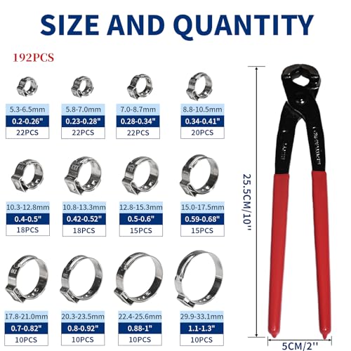 192 Pcs 12 Sizes Single Ear Hose Clamps, 5.3-33.1mm 304 Stainless Steel Ear Clamp Kit with Ear Clamp Pliers, Heavy Duty Hose Clamps Assortment for Radiator Plumbing Automotive