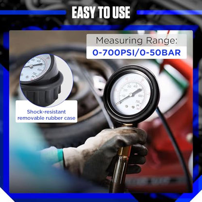 Compression and Leakage Test Kit 47PCS Petrol & Diesel Engine Compression Tester Automotive Cylinder Leak Down Tester Kit with Dual Gauge Engine Compression Tester Kit for HDi, TDCi, Pumpe Duse Engine - color: Black