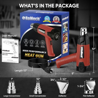 ROMECH 1500W Heavy Duty Heat Gun, Variable Temperature Control Hot Air Gun Kit with 2 Air Flow 120°F~1200°F and 4 Nozzles for Crafts Shrink Wrap (Red) - color: Red