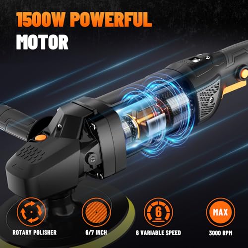 PLS03A Buffer Polisher Kit for Car, 12.5 Amp 6 Inch/7 Inch Rotary Car Polisher Waxer, 6 Variable Speed 1000-3000rpm, Detachable Handle, Car Polishing Machine for Car Detailing, Polishing and Waxing
