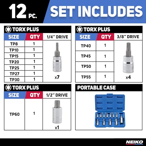 Neiko 10086A 6 Point Torx Plus Bit Socket Set, 1/4-Inch, 3/8-Inch and 1/2-Inch Drive, TP8 - TP60, 12-Piece