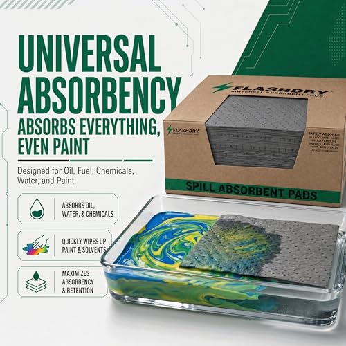 FLASHDRY Universal Spill Absorbent Pads, 17.5" x 13.5", 100-Count | Absorbs Oil, Grease, Coolant & Solvents, for Garages, Warehouses, Factories & Industrial Facilities, Comes in Dispener Box - size: 100 Pads - 2mm