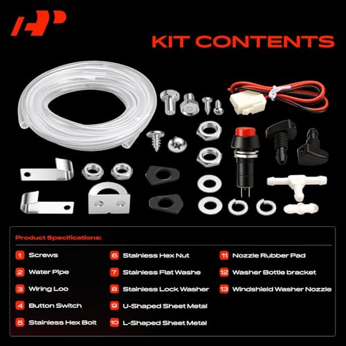 A-Premium Universal Windshield Washer Pump Fluid Reservoir Tank Bottle Kit with Jet Button Switch, 12V Washer Fluid Car Windshield Pump for ATV UTV